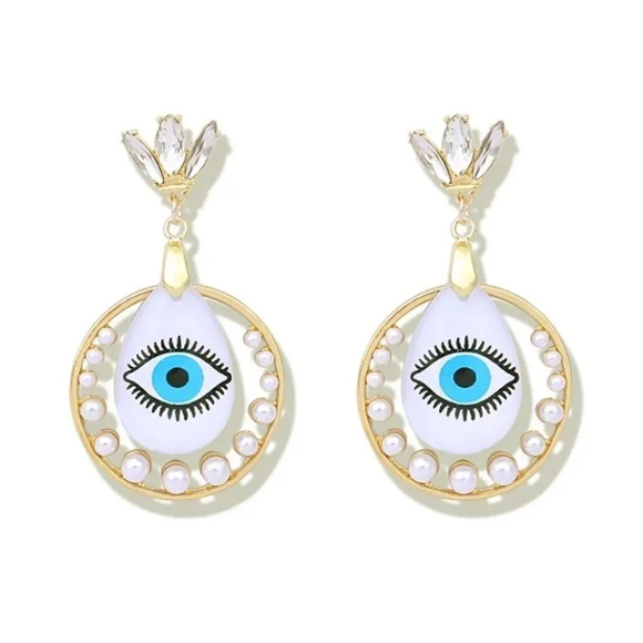 NEW! Dainty “Zhara” Pearl Evil Eye Drop Earrings - Picture 1 of 8